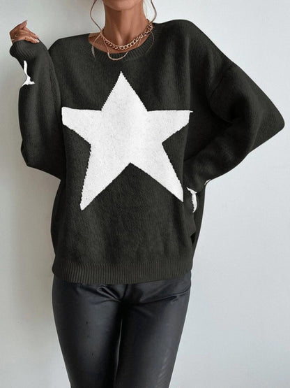 Sweaters- Oversized Star Knit Drop Shoulder Sweater Jumper- - Pekosa Women Clothing