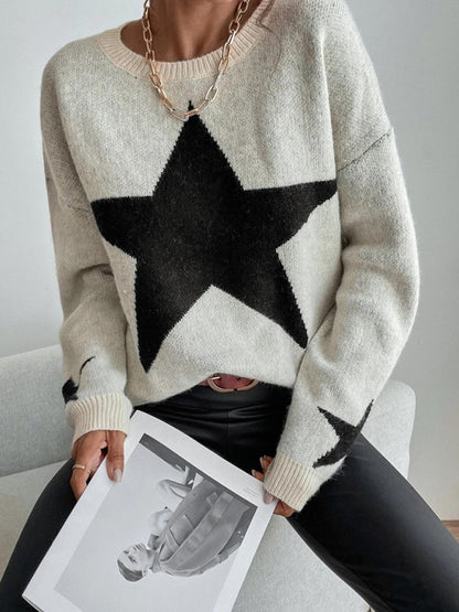 Sweaters- Oversized Star Knit Drop Shoulder Sweater Jumper- White- Pekosa Women Clothing