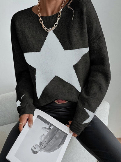 Sweaters- Oversized Star Knit Drop Shoulder Sweater Jumper- Black- Pekosa Women Clothing