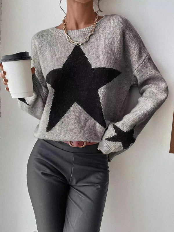 Sweaters- Oversized Star Knit Drop Shoulder Sweater Jumper- Grey- Pekosa Women Clothing