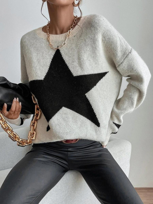 Sweaters- Oversized Star Knit Drop Shoulder Sweater Jumper- - Pekosa Women Clothing