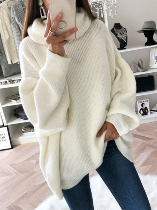 Sweaters- Oversized Turtleneck Jumper | Comfy Slouchy Knit Sweater- White- Pekosa Women Clothing