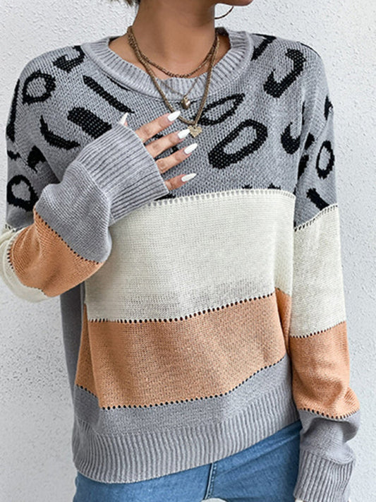 Sweaters- Patchwork Colors Block Animal Print Knitted Sweater- Misty grey- Pekosa Women Clothing
