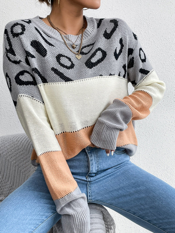 Sweaters- Patchwork Colors Block Animal Print Knitted Sweater- - Pekosa Women Clothing