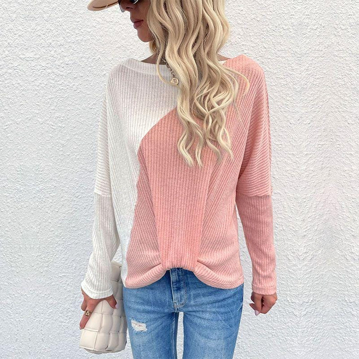 Sweaters- Playful Two Tone Sweater: Women's Round Neck Knitwear- - Pekosa Women Clothing