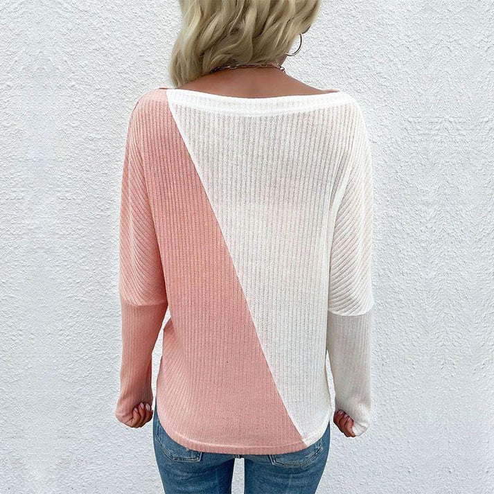 Sweaters- Playful Two Tone Sweater: Women's Round Neck Knitwear- - Pekosa Women Clothing