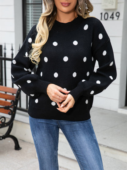 Sweaters- Polka Dot Knitted Relax Drop Shoulder Sweater- Black- Pekosa Women Clothing