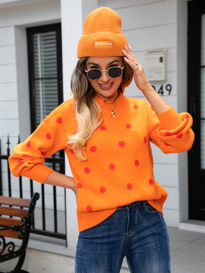 Sweaters- Polka Dot Knitted Relax Drop Shoulder Sweater- - Pekosa Women Clothing