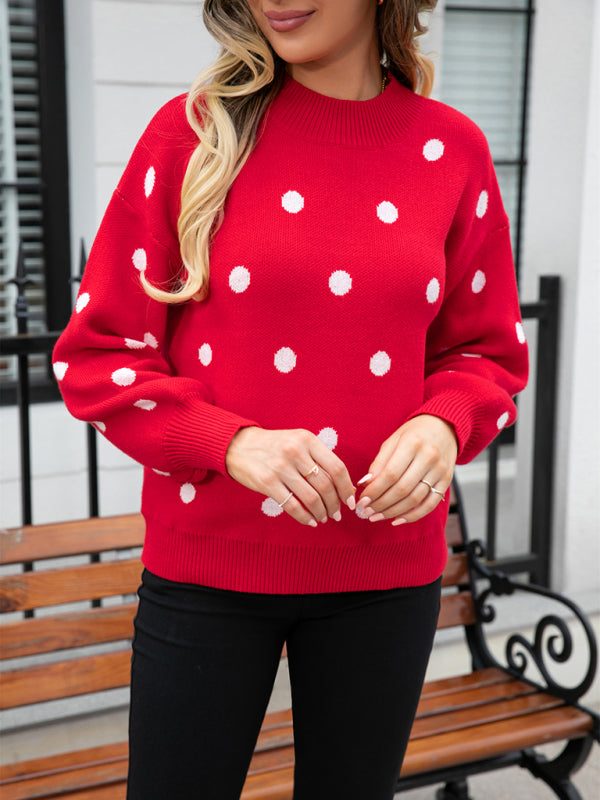 Sweaters- Polka Dot Knitted Relax Drop Shoulder Sweater- - Pekosa Women Clothing