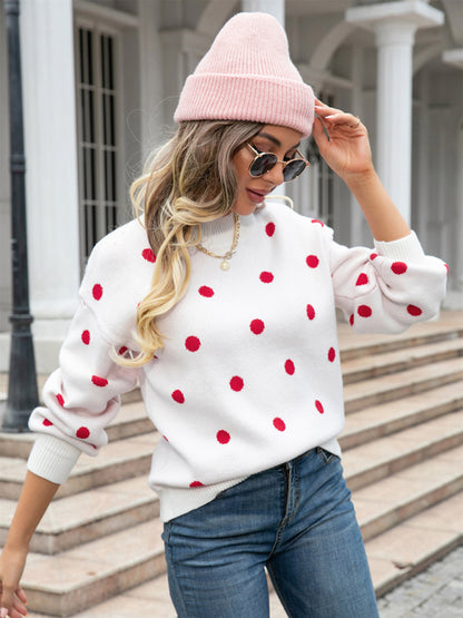 Sweaters- Polka Dot Knitted Relax Drop Shoulder Sweater- - Pekosa Women Clothing