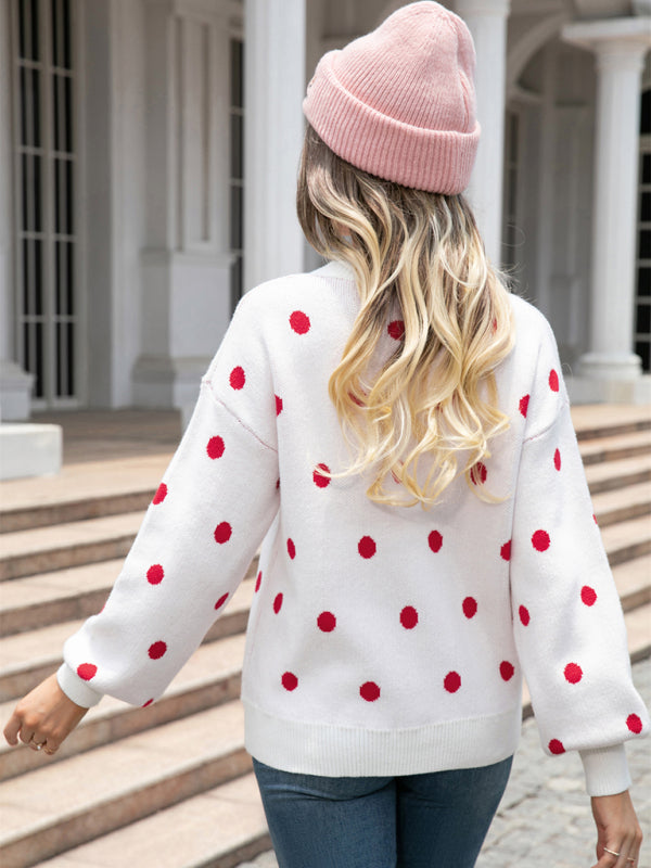 Sweaters- Polka Dot Knitted Relax Drop Shoulder Sweater- - Pekosa Women Clothing