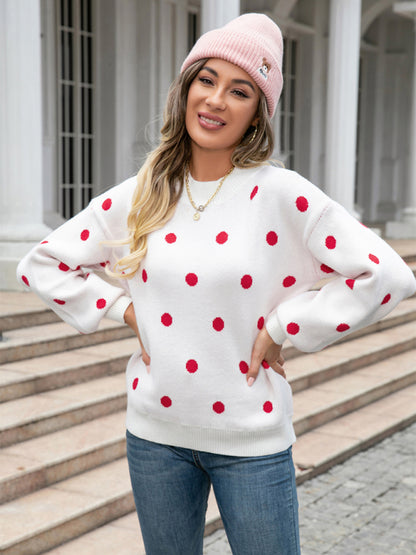 Sweaters- Polka Dot Knitted Relax Drop Shoulder Sweater- - Pekosa Women Clothing