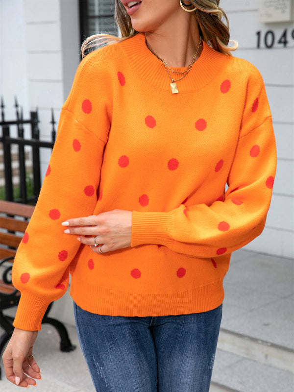 Sweaters- Polka Dot Knitted Relax Drop Shoulder Sweater- - Pekosa Women Clothing