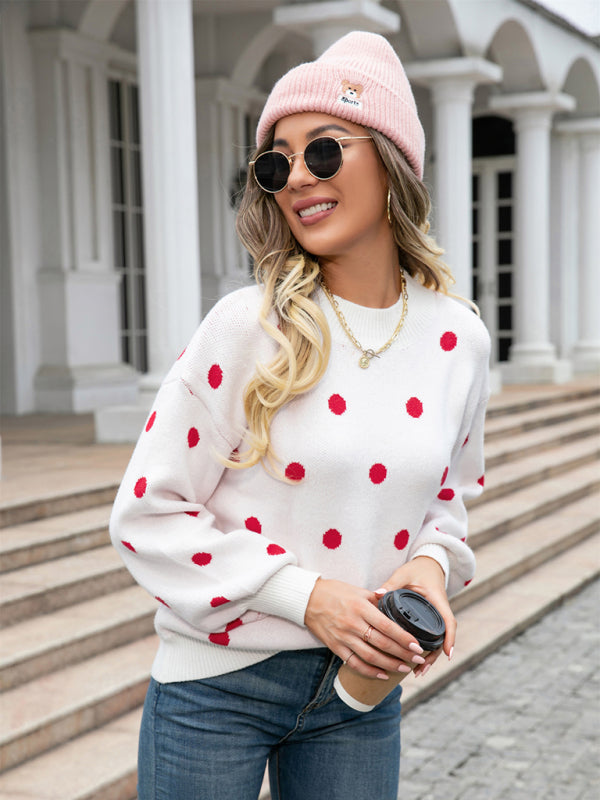 Sweaters- Polka Dot Knitted Relax Drop Shoulder Sweater- - Pekosa Women Clothing