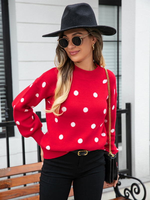 Sweaters- Polka Dot Knitted Relax Drop Shoulder Sweater- - Pekosa Women Clothing