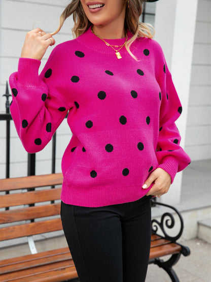 Sweaters- Polka Dot Knitted Relax Drop Shoulder Sweater- Rose- Pekosa Women Clothing