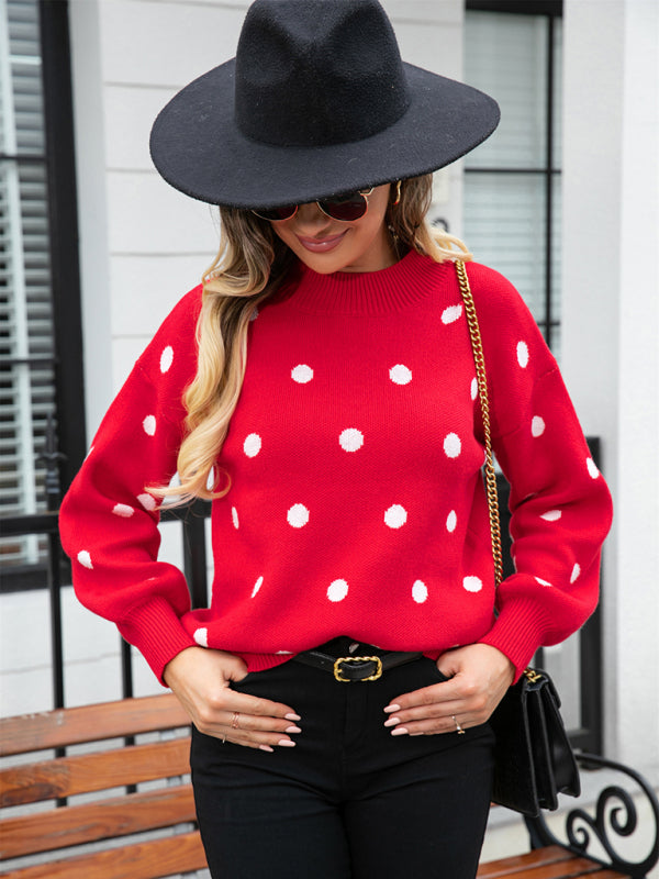 Sweaters- Polka Dot Knitted Relax Drop Shoulder Sweater- - Pekosa Women Clothing