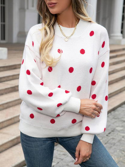 Sweaters- Polka Dot Knitted Relax Drop Shoulder Sweater- - Pekosa Women Clothing