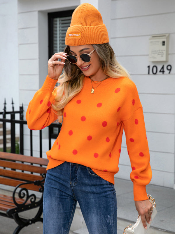 Sweaters- Polka Dot Knitted Relax Drop Shoulder Sweater- - Pekosa Women Clothing