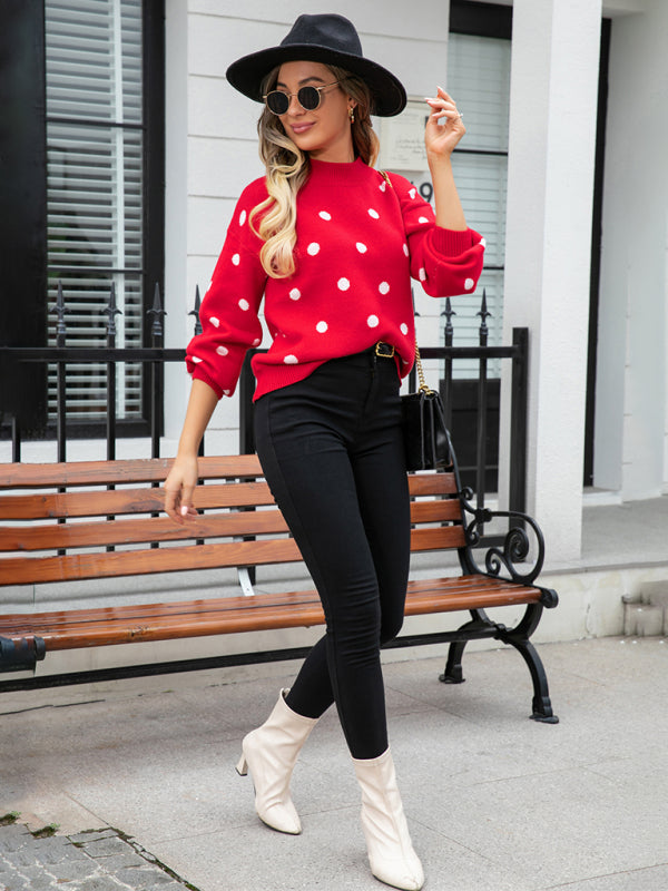 Sweaters- Polka Dot Knitted Relax Drop Shoulder Sweater- - Pekosa Women Clothing