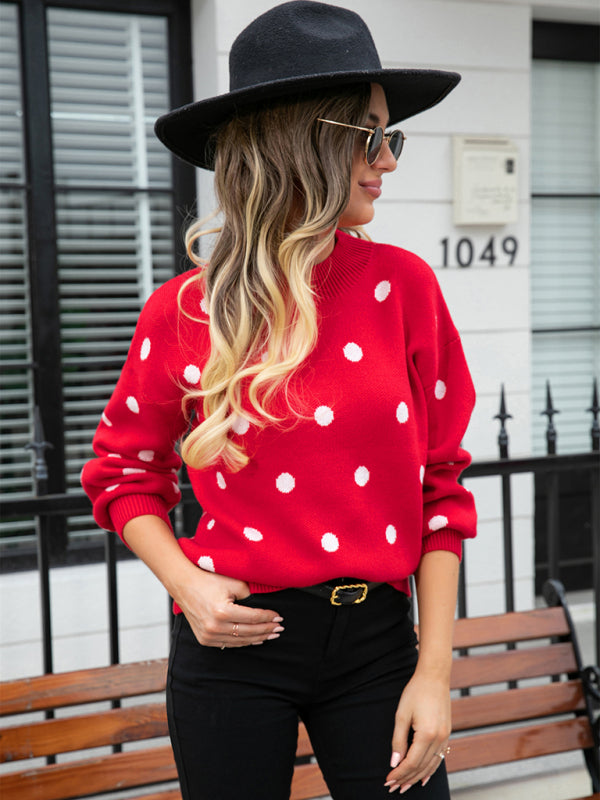 Sweaters- Polka Dot Knitted Relax Drop Shoulder Sweater- - Pekosa Women Clothing