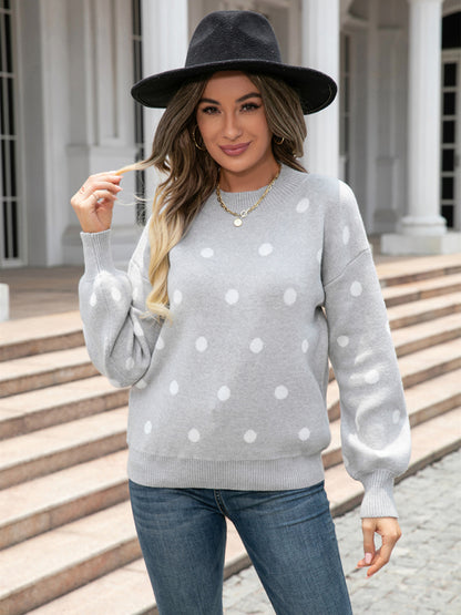 Sweaters- Polka Dot Knitted Relax Drop Shoulder Sweater- - Pekosa Women Clothing