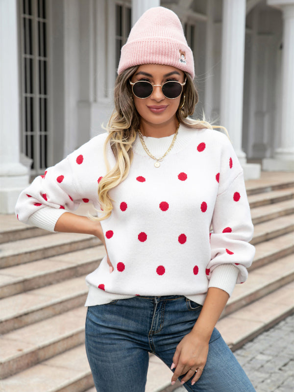 Sweaters- Polka Dot Knitted Relax Drop Shoulder Sweater- - Pekosa Women Clothing