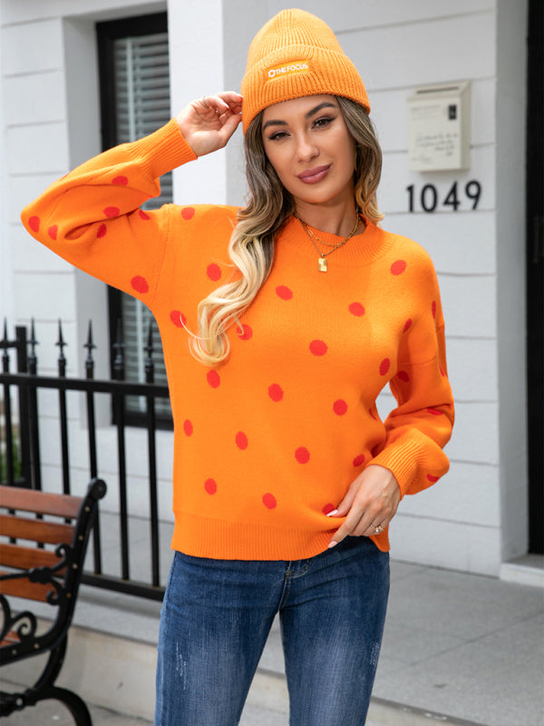 Sweaters- Polka Dot Knitted Relax Drop Shoulder Sweater- - Pekosa Women Clothing