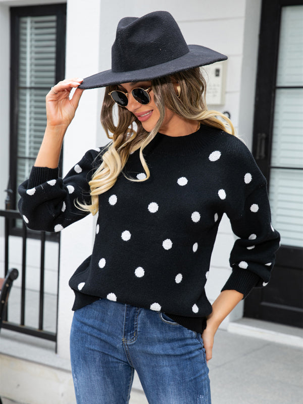 Sweaters- Polka Dot Knitted Relax Drop Shoulder Sweater- - Pekosa Women Clothing