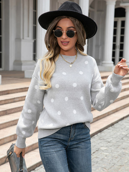 Sweaters- Polka Dot Knitted Relax Drop Shoulder Sweater- - Pekosa Women Clothing