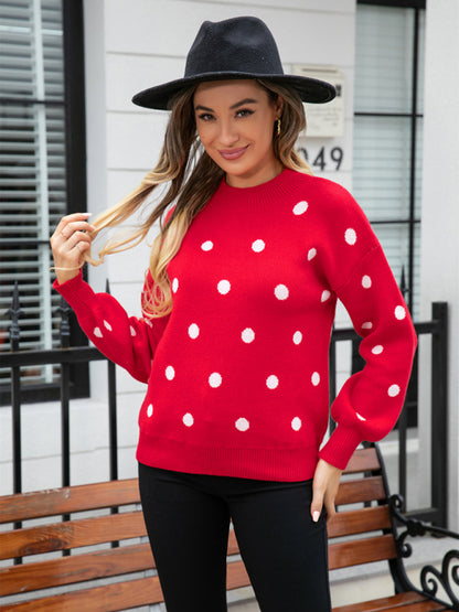 Sweaters- Polka Dot Knitted Relax Drop Shoulder Sweater- - Pekosa Women Clothing