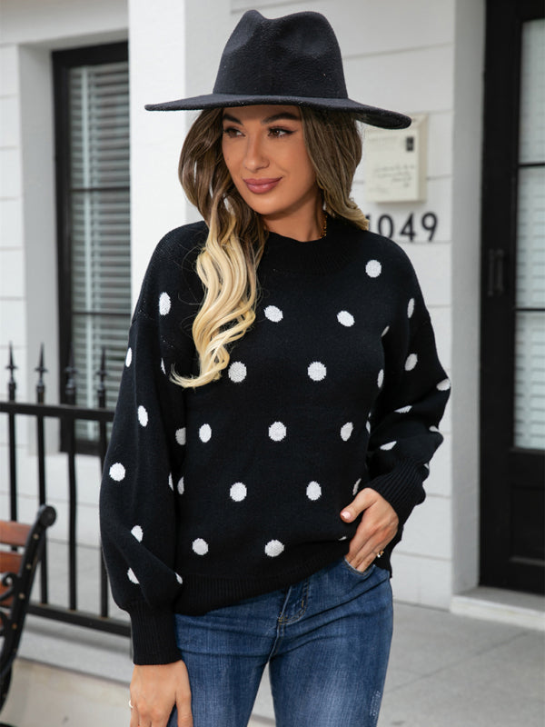 Sweaters- Polka Dot Knitted Relax Drop Shoulder Sweater- - Pekosa Women Clothing