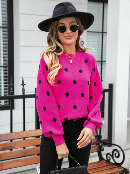 Sweaters- Polka Dot Knitted Relax Drop Shoulder Sweater- - Pekosa Women Clothing