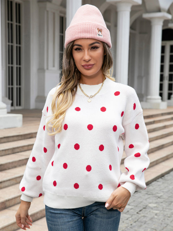 Sweaters- Polka Dot Knitted Relax Drop Shoulder Sweater- - Pekosa Women Clothing