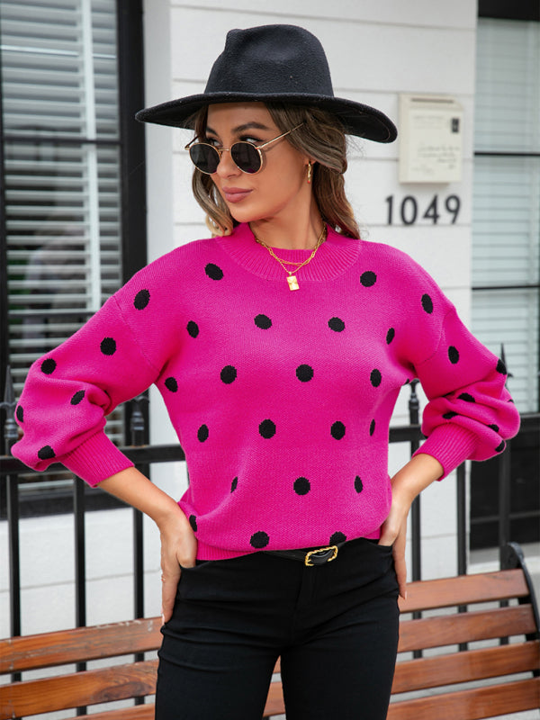 Sweaters- Polka Dot Knitted Relax Drop Shoulder Sweater- - Pekosa Women Clothing