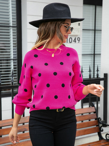 Sweaters- Polka Dot Knitted Relax Drop Shoulder Sweater- - Pekosa Women Clothing