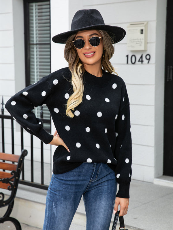 Sweaters- Polka Dot Knitted Relax Drop Shoulder Sweater- - Pekosa Women Clothing