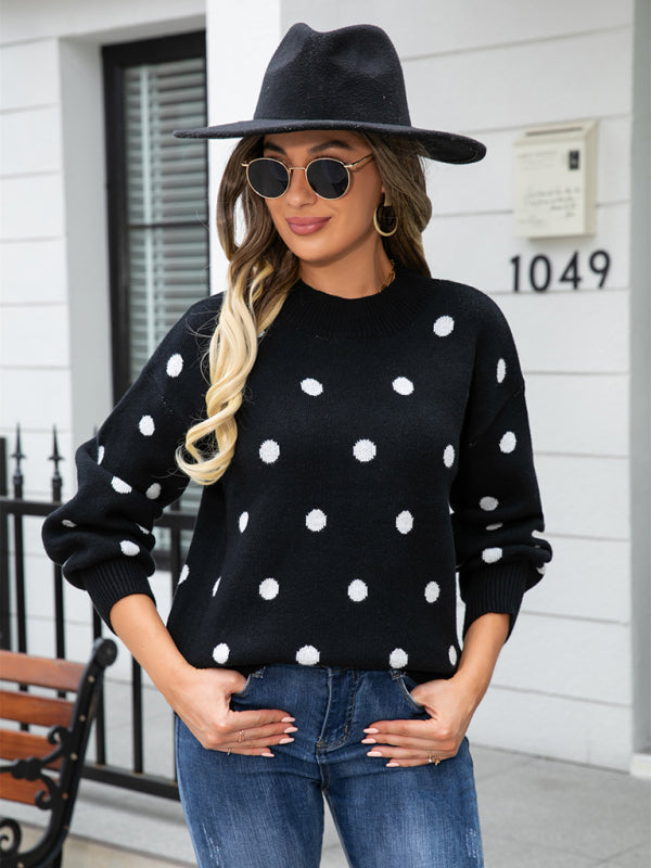 Sweaters- Polka Dot Knitted Relax Drop Shoulder Sweater- - Pekosa Women Clothing