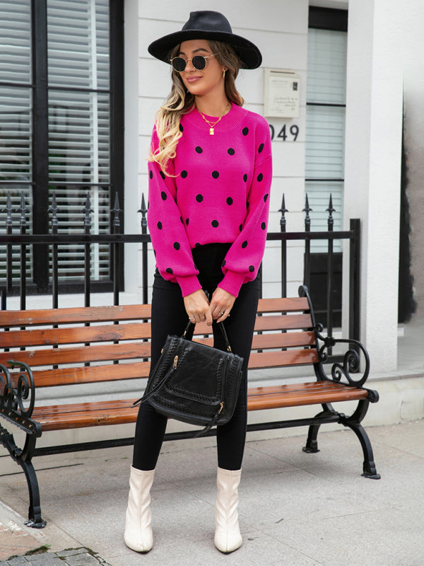 Sweaters- Polka Dot Knitted Relax Drop Shoulder Sweater- - Pekosa Women Clothing