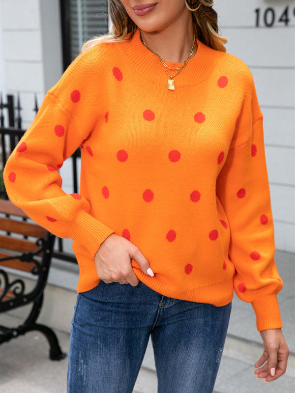 Sweaters- Polka Dot Knitted Relax Drop Shoulder Sweater- Orange- Pekosa Women Clothing