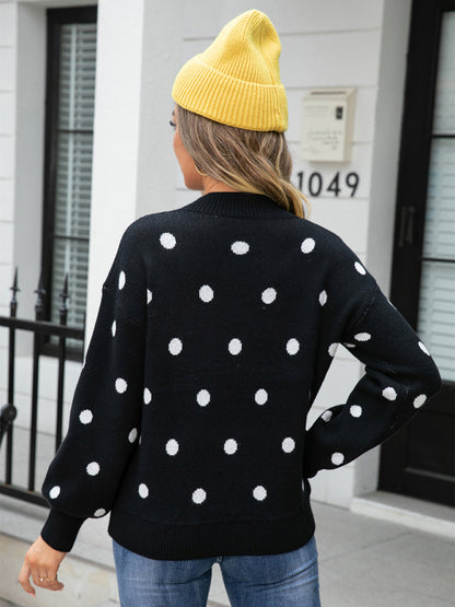 Sweaters- Polka Dot Knitted Relax Drop Shoulder Sweater- - Pekosa Women Clothing