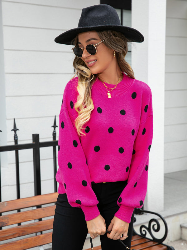 Sweaters- Polka Dot Knitted Relax Drop Shoulder Sweater- - Pekosa Women Clothing