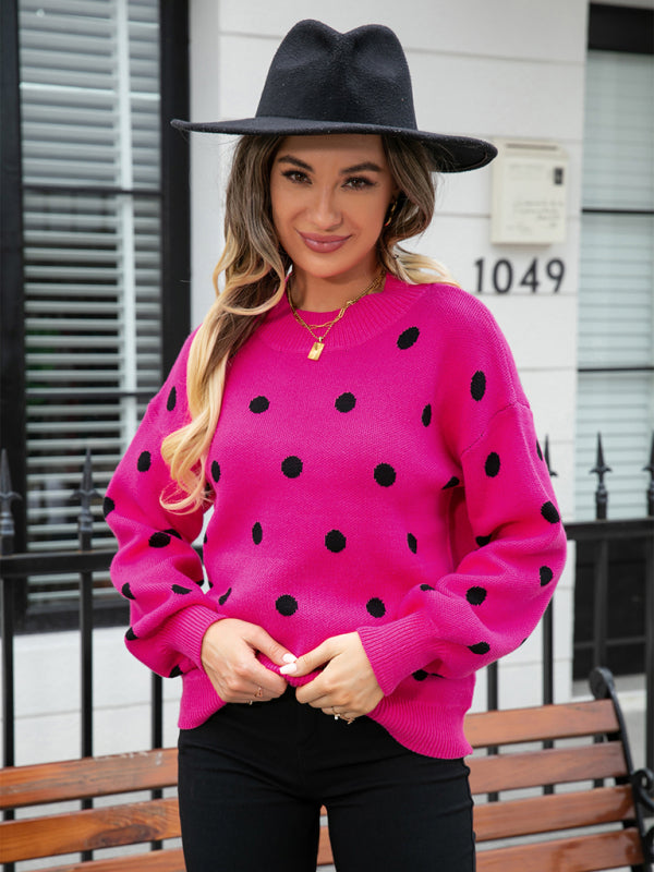 Sweaters- Polka Dot Knitted Relax Drop Shoulder Sweater- - Pekosa Women Clothing