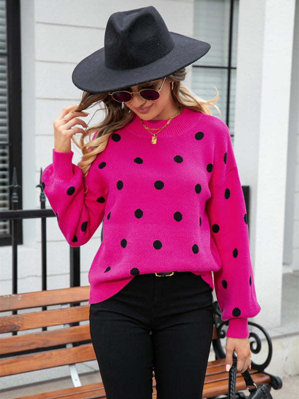 Sweaters- Polka Dot Knitted Relax Drop Shoulder Sweater- - Pekosa Women Clothing