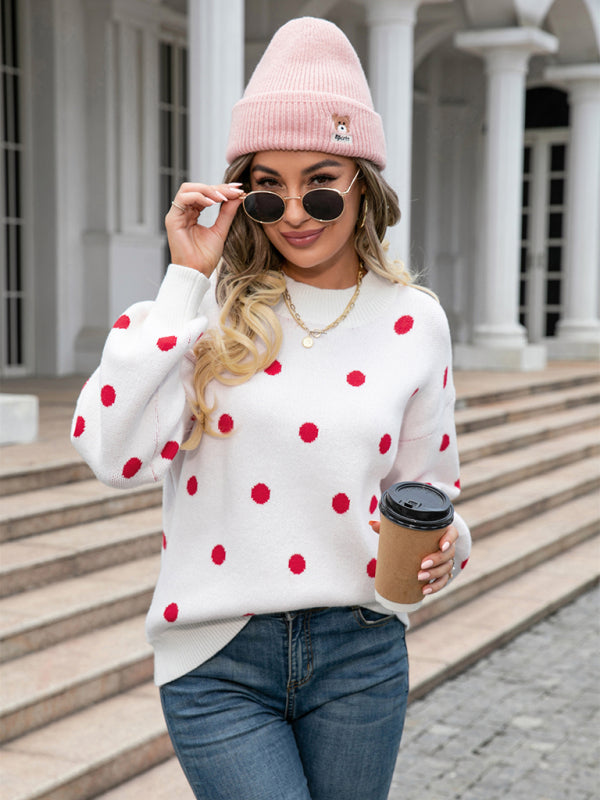 Sweaters- Polka Dot Knitted Relax Drop Shoulder Sweater- - Pekosa Women Clothing