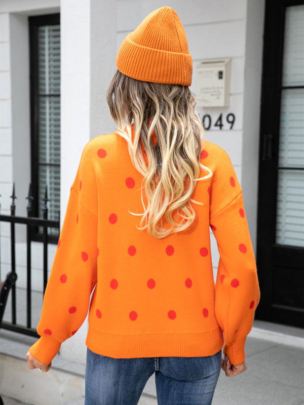 Sweaters- Polka Dot Knitted Relax Drop Shoulder Sweater- - Pekosa Women Clothing