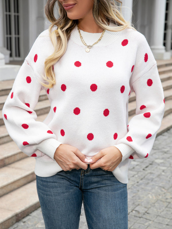 Sweaters- Polka Dot Knitted Relax Drop Shoulder Sweater- White- Pekosa Women Clothing