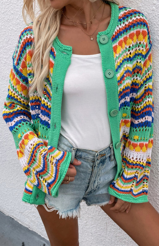 Sweaters- Rainbow Crochet Button-down Sweater- - Pekosa Women Clothing