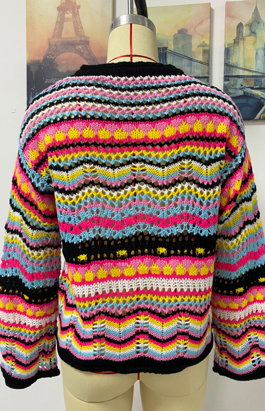 Sweaters- Rainbow Crochet Button-down Sweater- - Pekosa Women Clothing