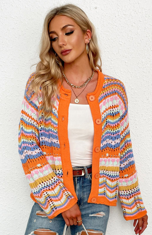 Sweaters- Rainbow Crochet Button-down Sweater- - Pekosa Women Clothing